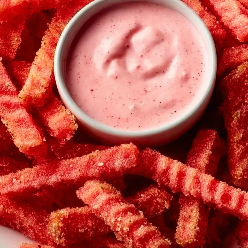 Delicious watermelon fries with a side of strawberry yogurt dip on a plate.