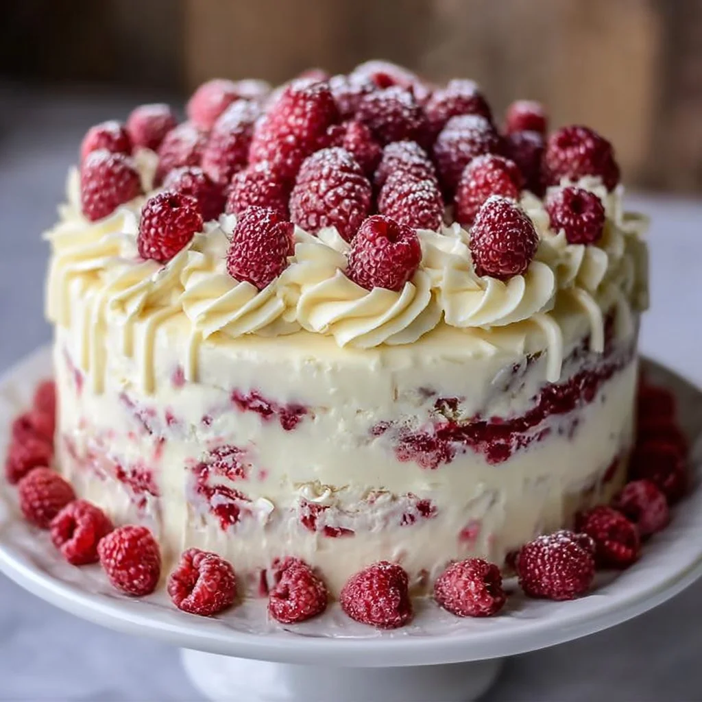 Slice of White Chocolate Raspberry Dream Cake garnished with fresh raspberries