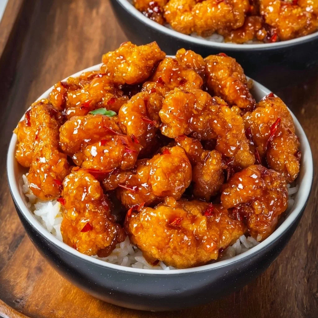 Three ingredient orange chicken sauce ready to serve over crispy chicken.
