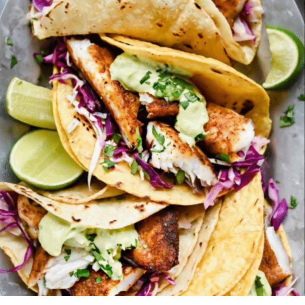 Blackened Fish Tacos with Avocado Cream Sauce