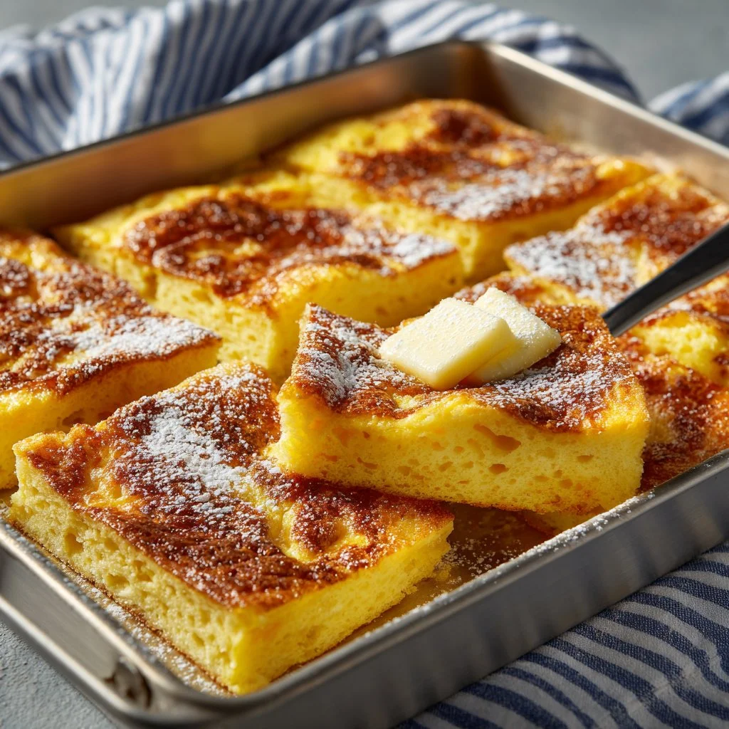 Fluffy baked German pancake topped with powdered sugar and fresh fruit
