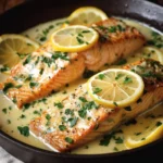 Baked salmon fillet served with lemon butter cream sauce on a plate.