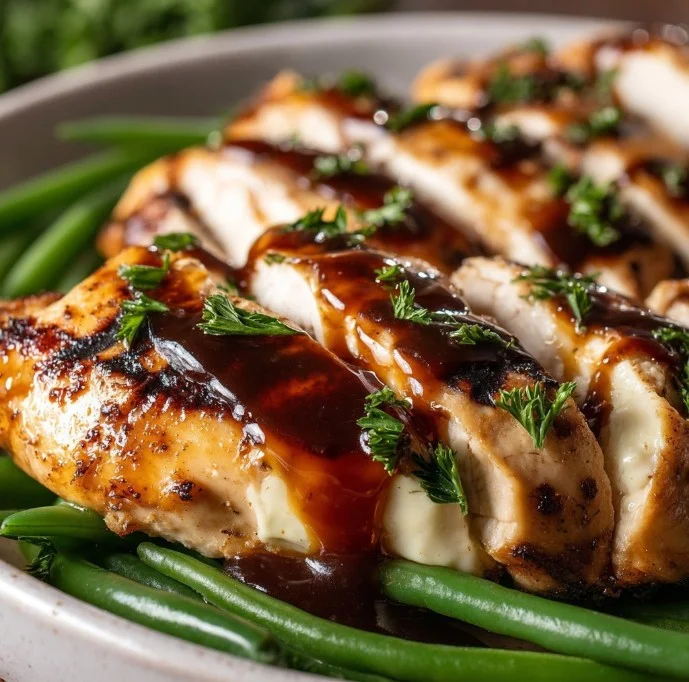 Balsamic Baked Chicken Breast topped with Mozzarella Cheese on a plate