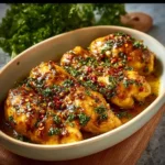 Bang Bang Chicken Bake topped with spicy sauce and herbs