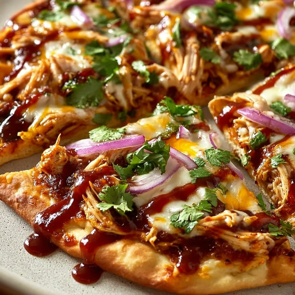 Delicious BBQ chicken flatbread topped with fresh ingredients and drizzled sauce