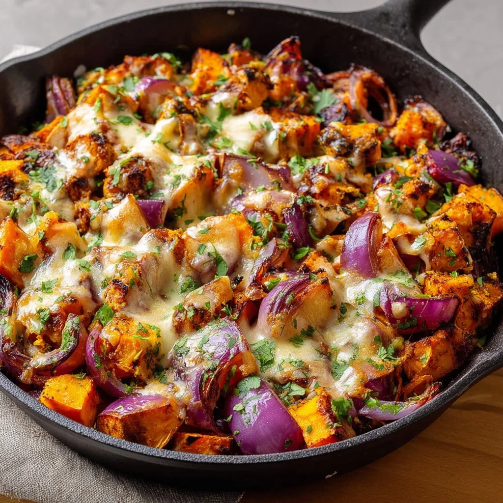 BBQ chicken sweet potato skillet dish served in a cast iron pan