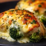Broccoli Cheese Stuffed Chicken Breast plate with garnish