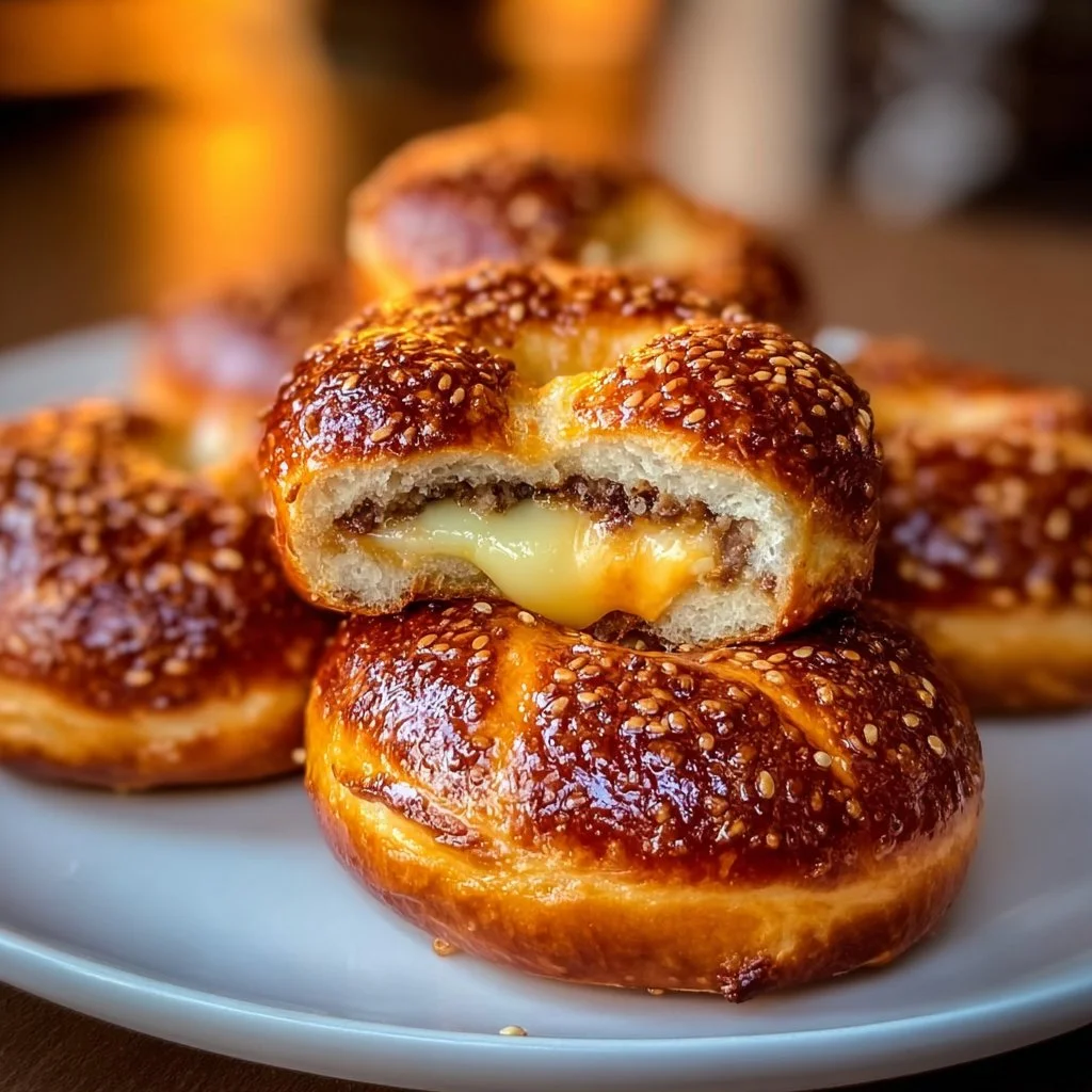 Cheeseburger pretzel bombs filled with juicy beef and melted cheese
