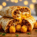Cheesy beef tater tot wraps on a plate, ready to eat.
