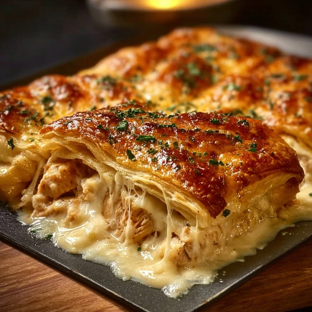 Cheesy chicken crescent bake served on a plate with melted cheese topping.