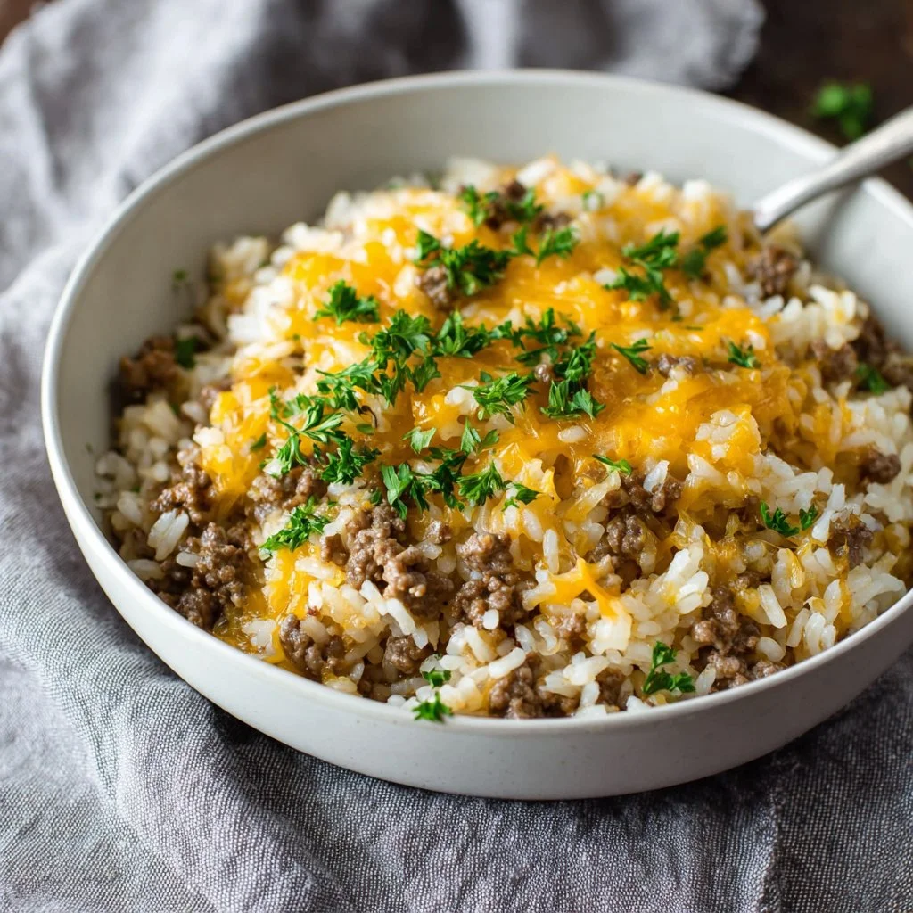Cheesy Ground Beef and Rice Casserole baked until golden and delicious.