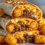Cheesy potato burritos filled with crispy tater tots on a plate