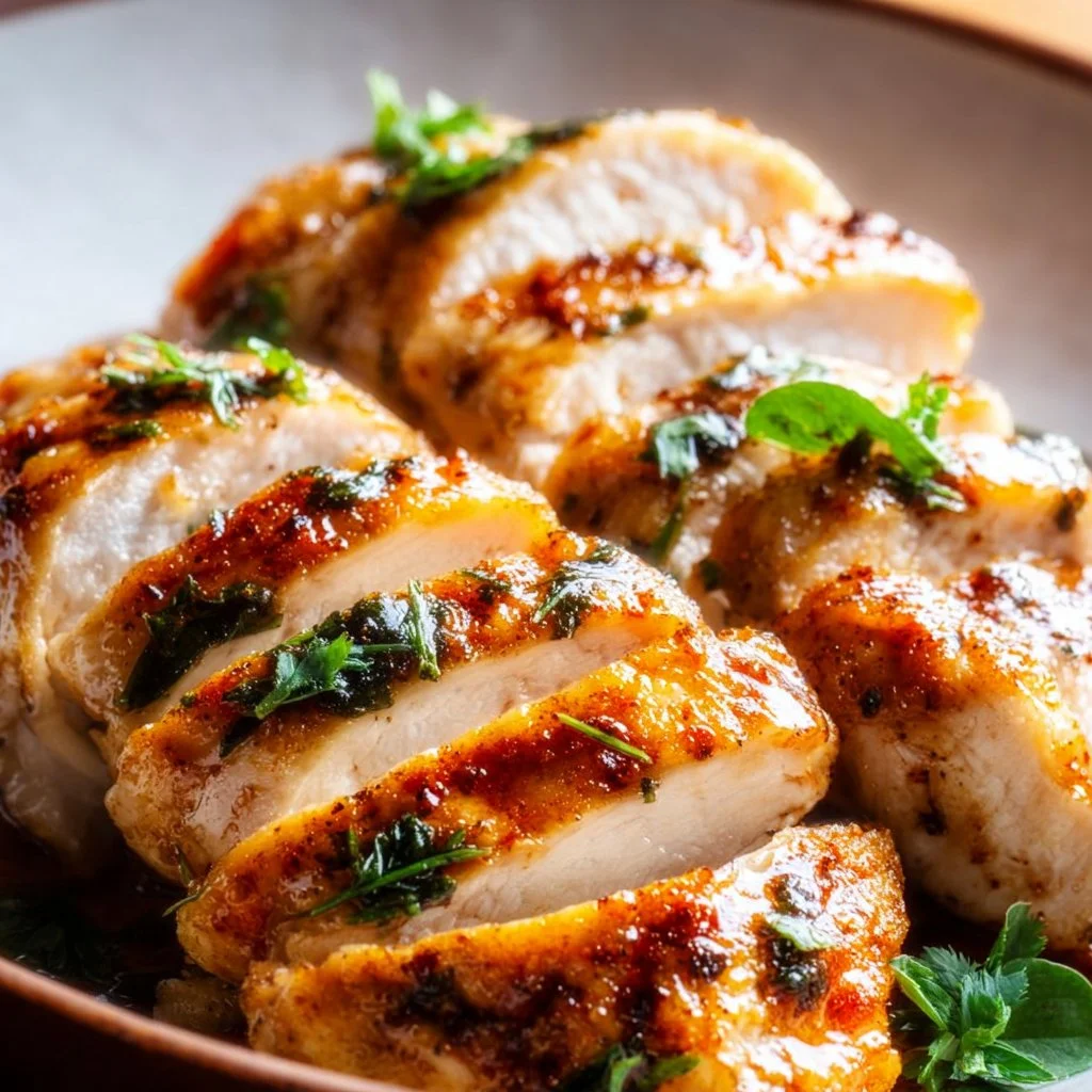 Baked chicken breast served with herbs and vegetables on a plate