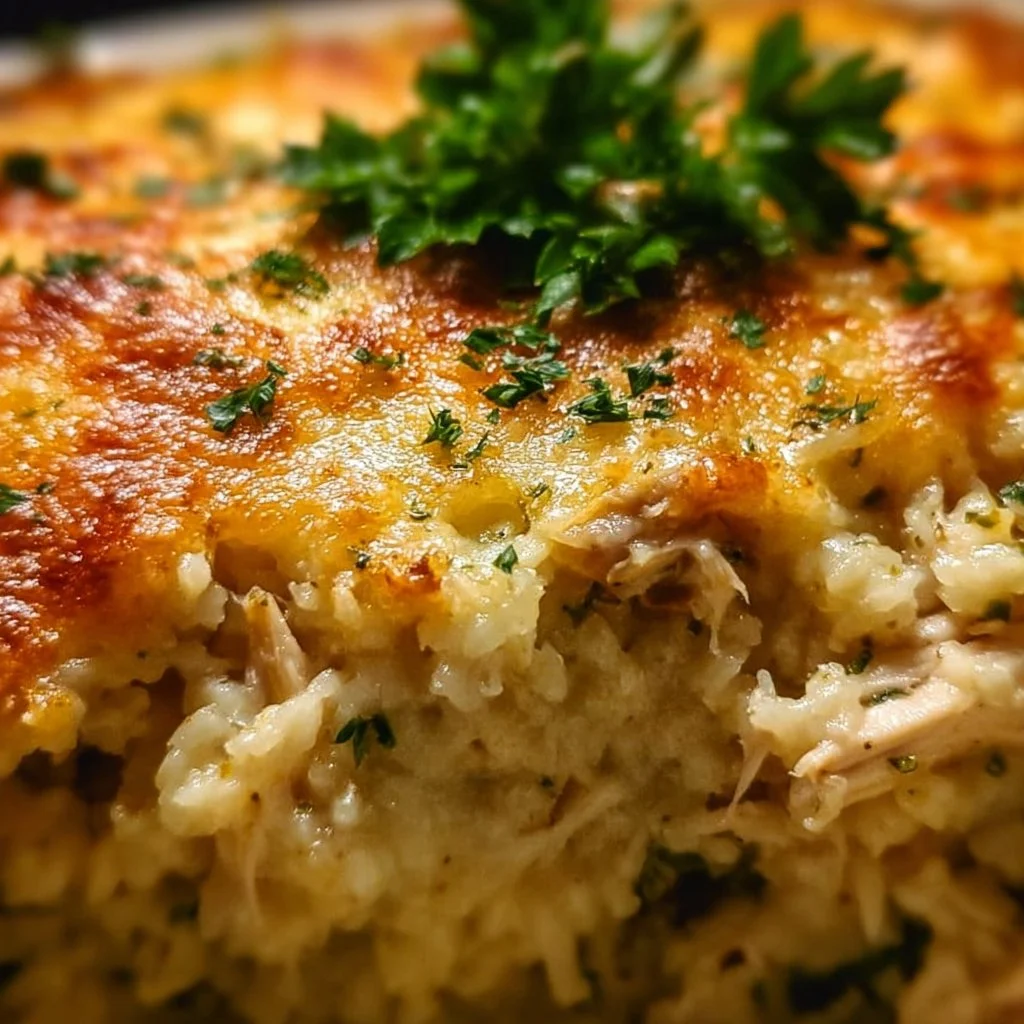 Delicious Chicken Cauliflower Rice Casserole topped with cheese and herbs