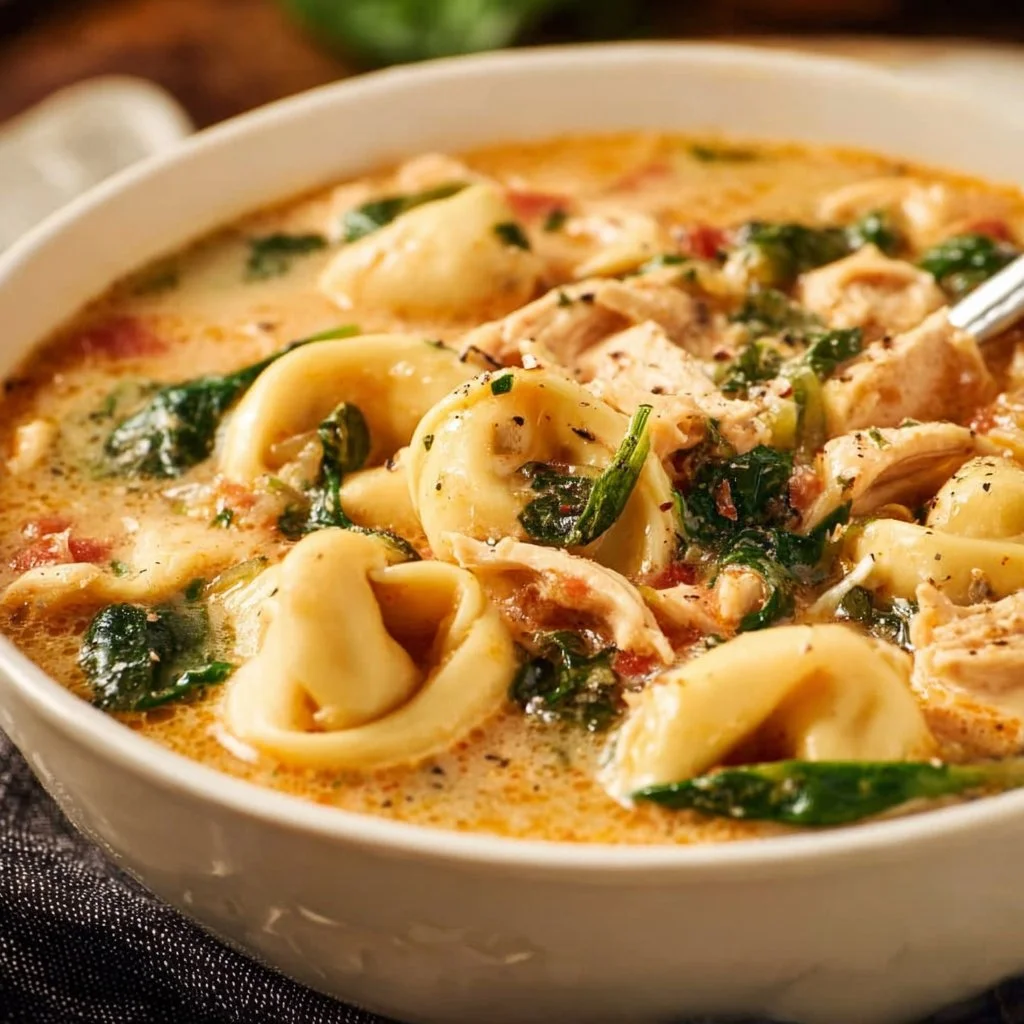 Bowl of hearty Chicken Tortellini Soup with fresh ingredients
