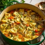 Bowl of Chicken Tortellini Soup garnished with herbs and vegetables.
