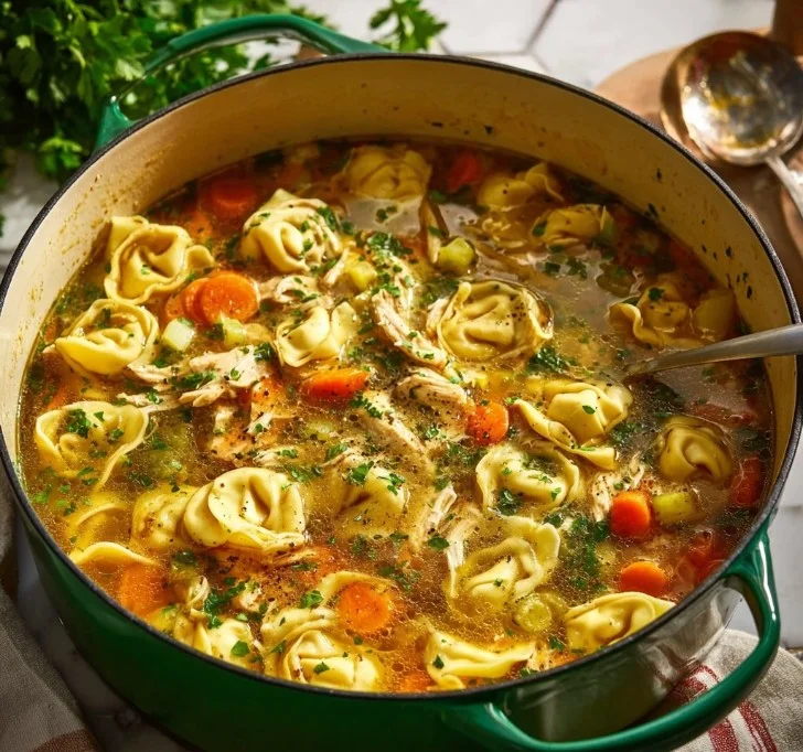 Bowl of Chicken Tortellini Soup garnished with herbs and vegetables.