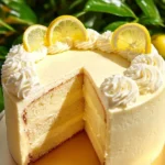 Slice of classic lemon cake topped with lemon zest and icing on a white plate.