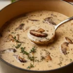 Bowl of creamy mushroom soup topped with fresh herbs
