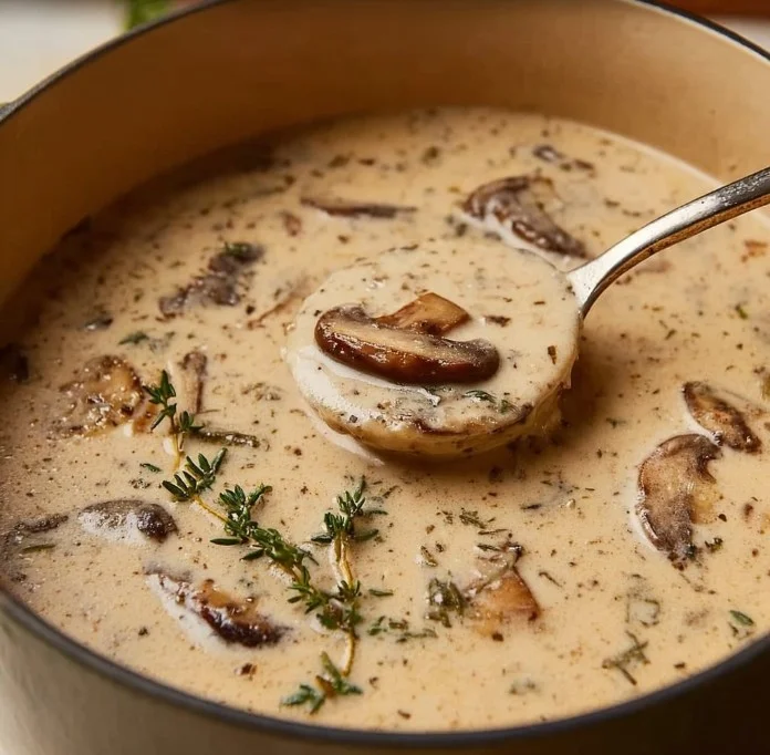 Bowl of creamy mushroom soup topped with fresh herbs