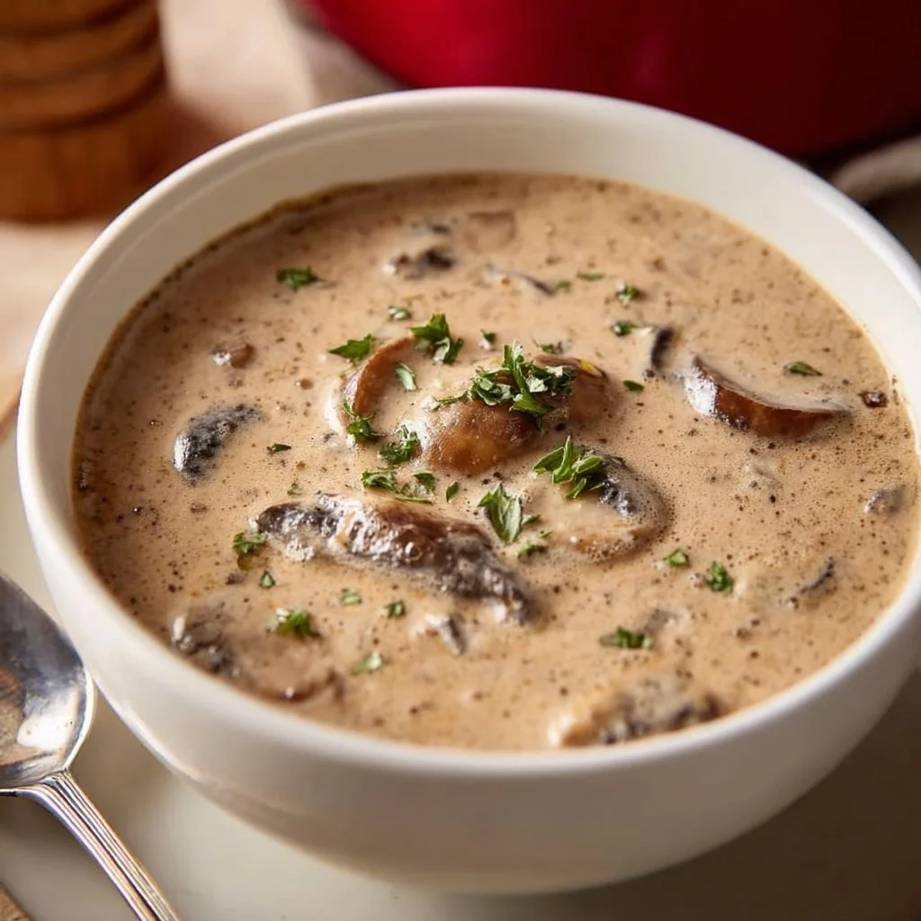 Delicious cream of mushroom soup in a bowl, garnished with fresh herbs.