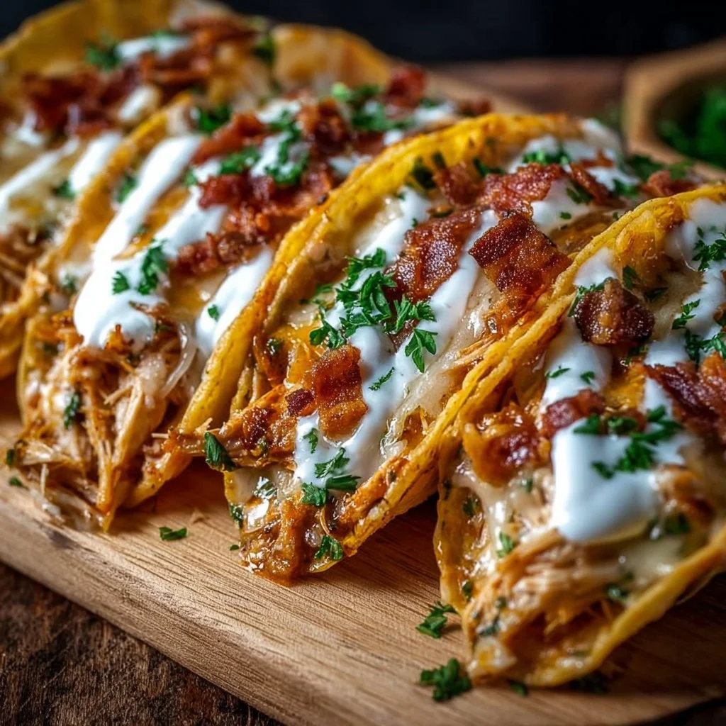 Creamy cheddar ranch chicken tacos served in tortillas with fresh toppings