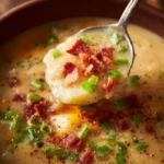 Bowl of creamy cheesy potato soup garnished with herbs.