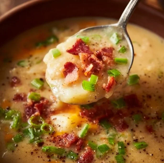 Bowl of creamy cheesy potato soup garnished with herbs.