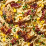 Creamy chicken pasta dish with corn and bacon, garnished for a delicious presentation.