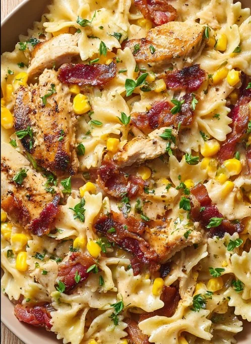 Creamy chicken pasta dish with corn and bacon, garnished for a delicious presentation.