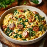 Creamy chicken sausage orzo dish in a one-pan preparation.