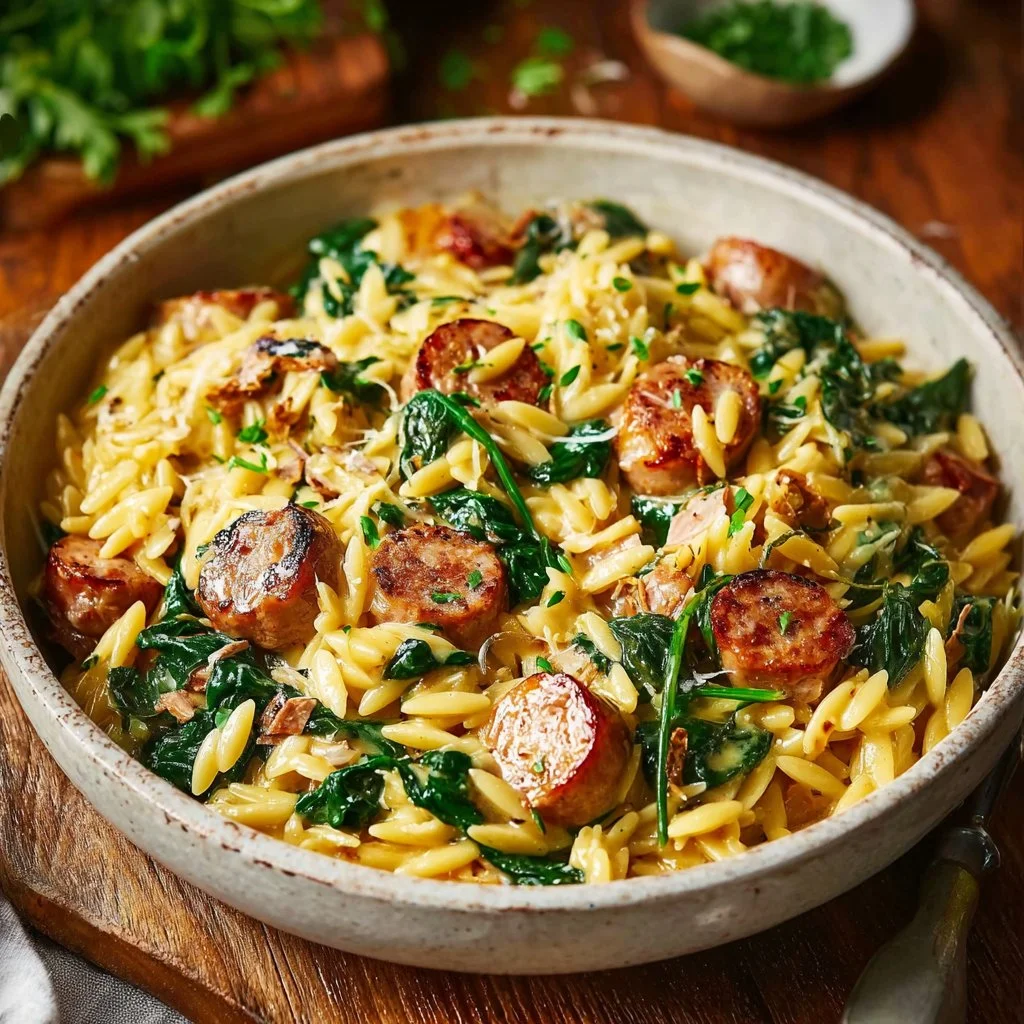 Creamy chicken sausage orzo dish in a one-pan preparation.