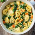 Delicious creamy chicken tortellini soup garnished with herbs.