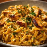Creamy butter chicken pasta served in a bowl with herbs and spices