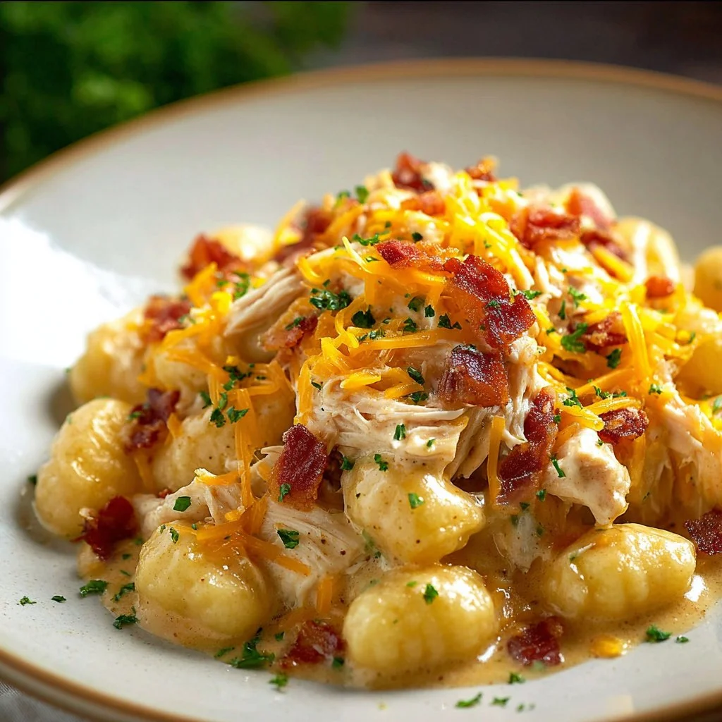 Bowl of creamy Crack Chicken Gnocchi topped with herbs and cheese
