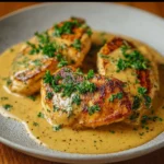 Creamy dijon mustard chicken dish served with vegetables