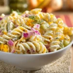 Creamy Dill Pickle Macaroni Salad in a serving bowl with fresh herbs