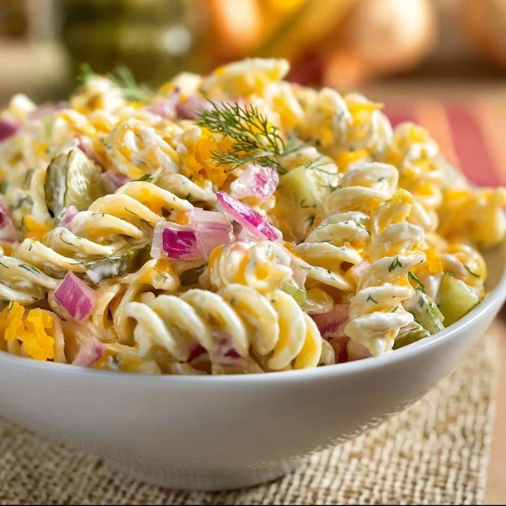 Creamy Dill Pickle Macaroni Salad in a serving bowl with fresh herbs