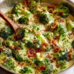 Creamy garlic parmesan broccoli topped with crispy bacon in a serving dish