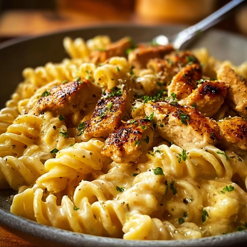Creamy garlic parmesan chicken pasta served in a bowl with parsley garnish