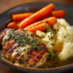 Creamy herb chicken with mashed potatoes and honey glazed carrots on a plate.