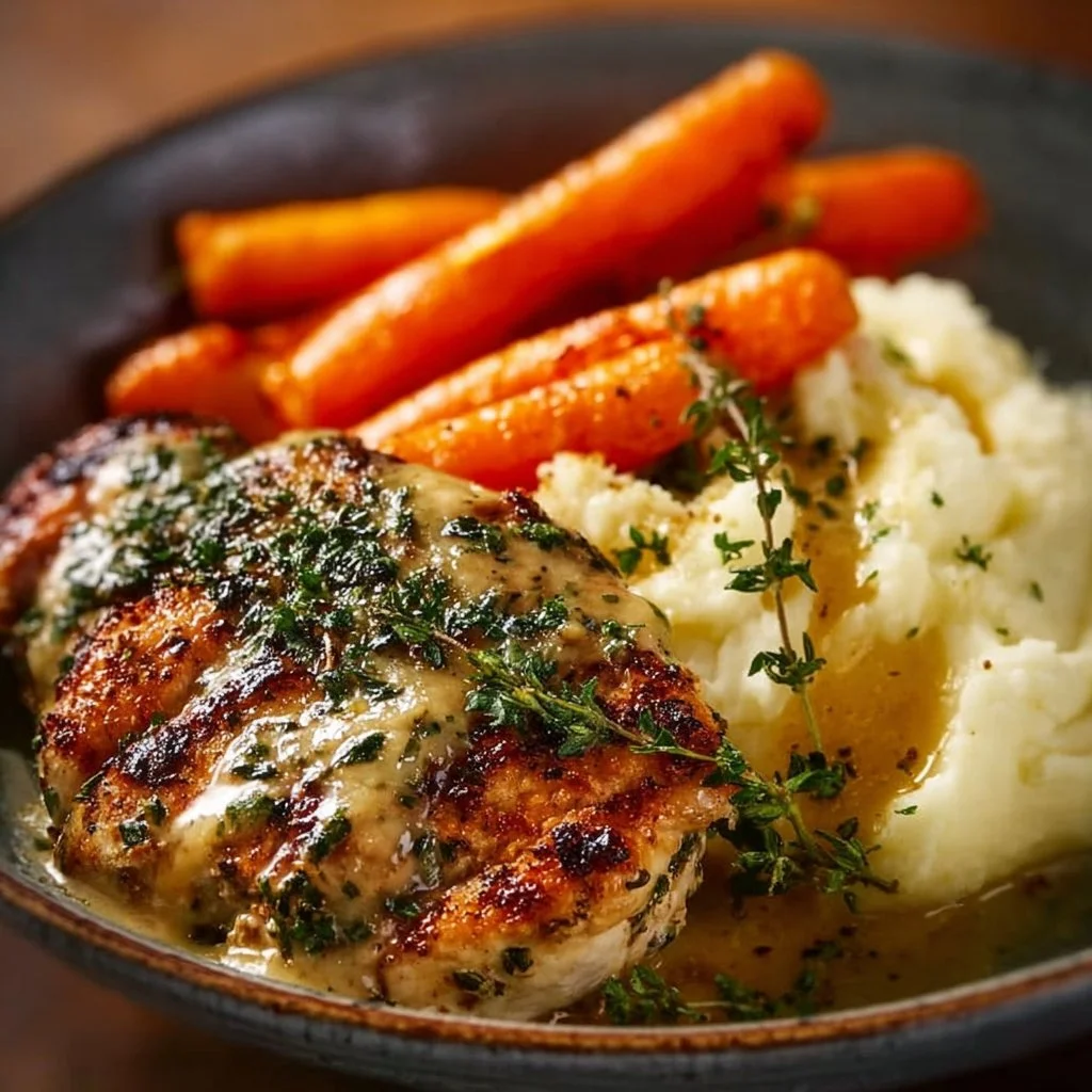 Creamy herb chicken with mashed potatoes and honey glazed carrots on a plate.