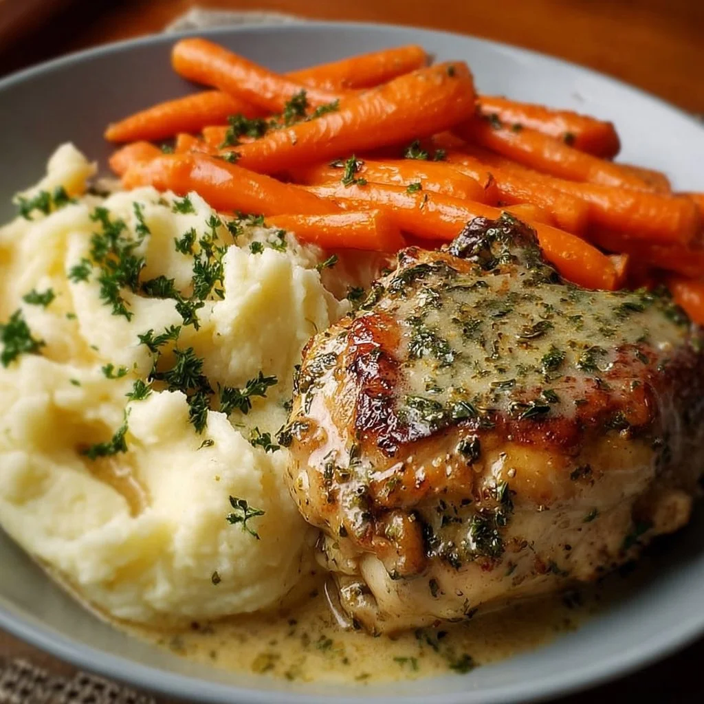 Creamy Herb Chicken with Mashed Potatoes and Honey Glazed Carrots