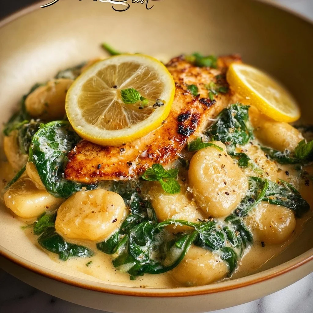 Creamy lemon parmesan chicken gnocchi served with herbs and garnish