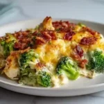 Creamy low carb chicken casserole with broccoli and bacon in a baking dish