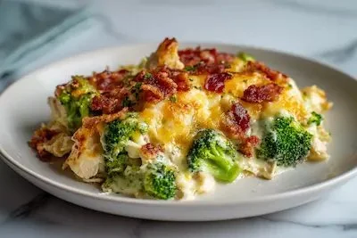 Creamy low carb chicken casserole with broccoli and bacon in a baking dish
