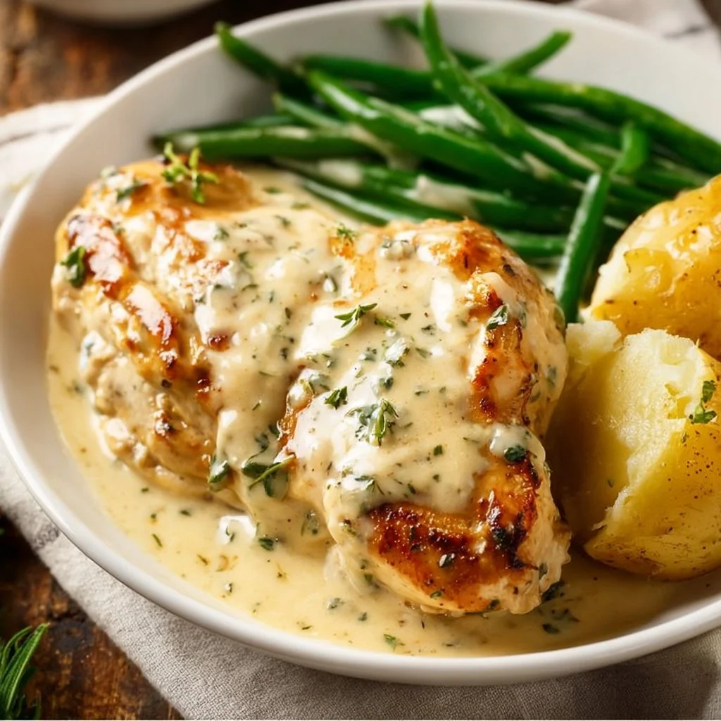 Creamy ranch chicken dish served with sides on a plate
