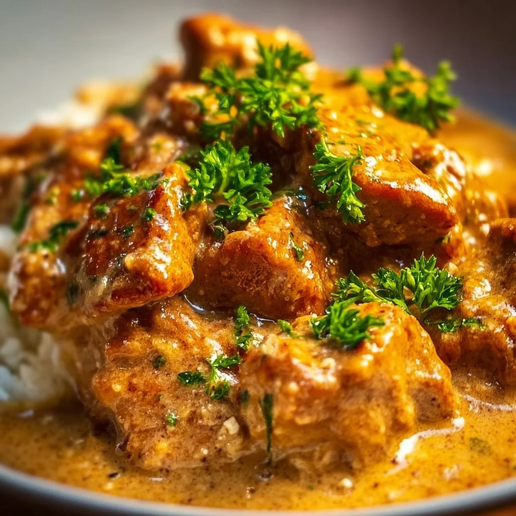 Creamy smothered chicken served with rice in a savory sauce.
