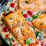 Delicious creamy Tuscan Salmon served with herbs and vegetables