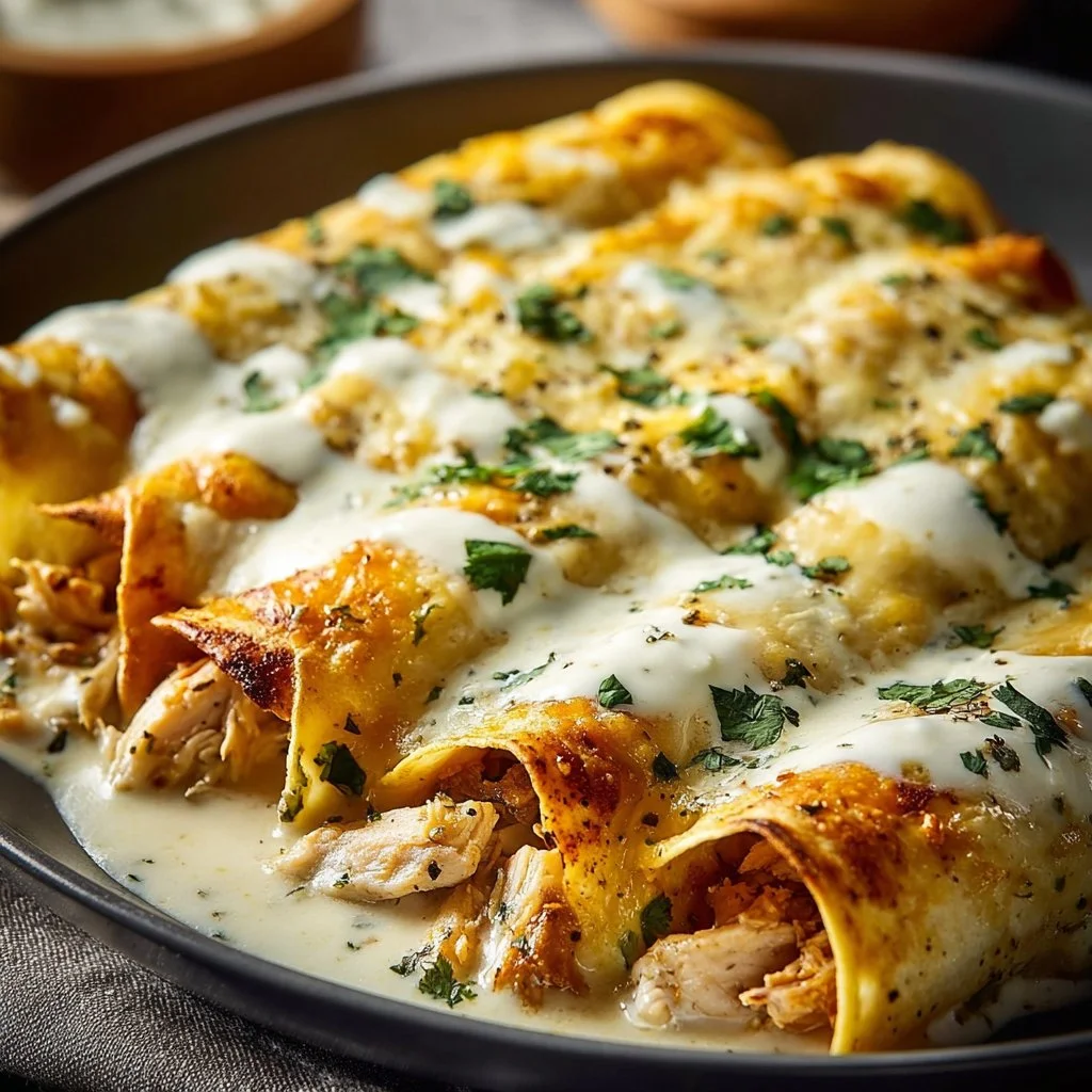 Delicious high protein chicken enchiladas topped with cheese and fresh herbs